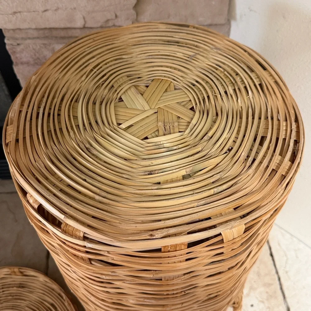 Vintage Wicker Storage Basket w/ Lid | Tall Boho Rattan Blanket Hamper
